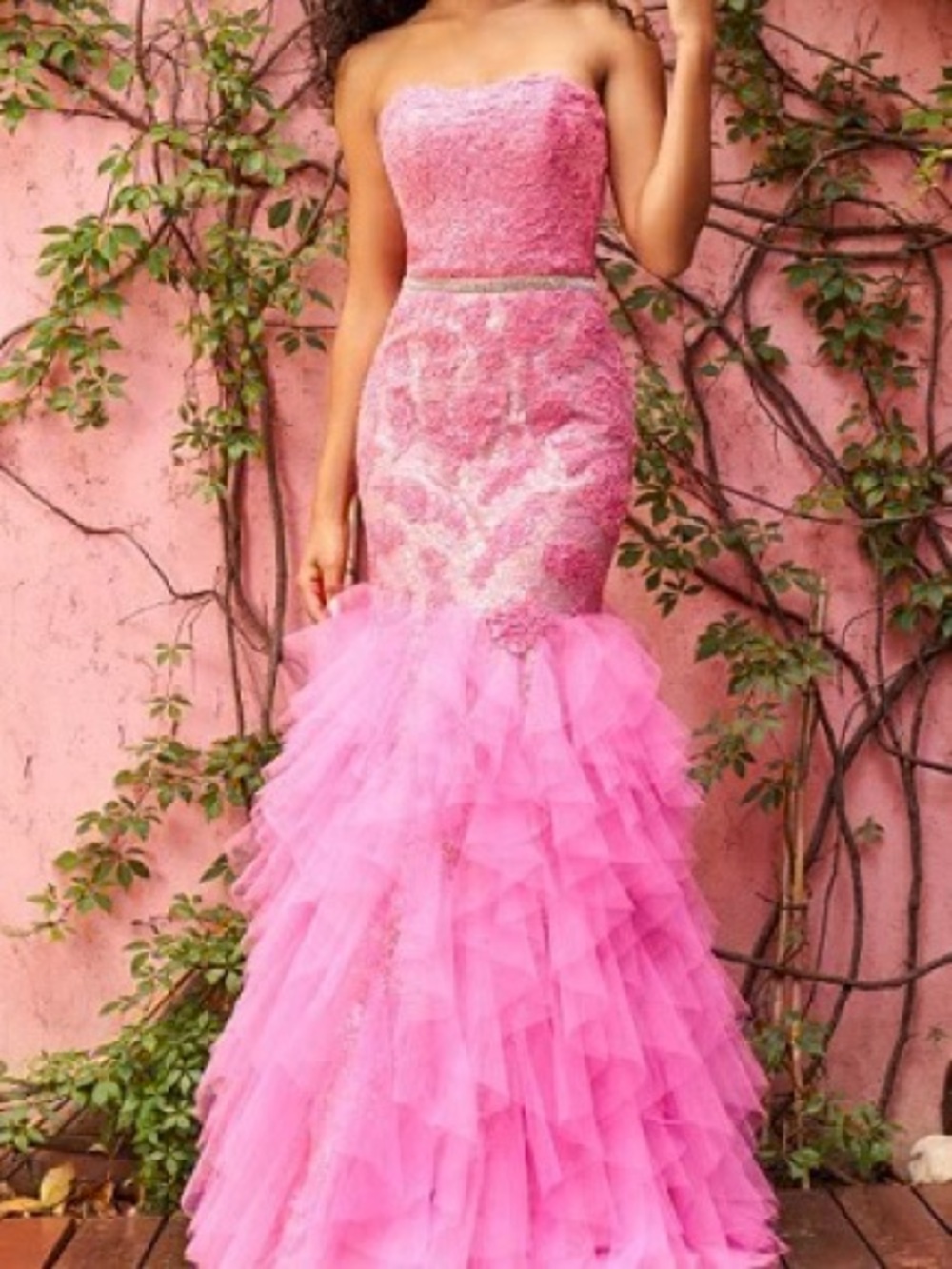 Sherri Hill Pink Strapless Ruffled Mermaid Prom Dress